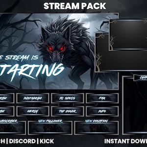 Könnte beinhalten: Ein düsteres Stream-Paket mit einer bedrohlichen Wolfsillustration und dem Text "The Stream Is Starting". Enthält Panels für Chat, Abonnieren und andere Streaming-Funktionen. Sofortiger Download.