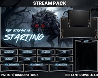 Dark Wolf Stream-pakket | Gotische twitch-overlay | Ontwerp OBS-stream | Streamlabs, Kick, Discord | Direct downloaden | Weerwolf
