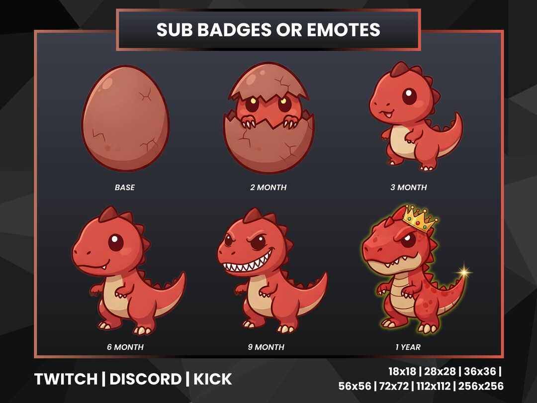 Cute Dinosaur Twitch Sub Badges – Evolving Dino Badge Set for Streamers ...