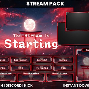 Peut inclure: Un pack de diffusion Twitch rouge et noir avec un design d'inspiration japonaise. Le pack comprend un écran de démarrage, une boîte de chat et divers boutons pour s'abonner, faire un don, etc. Le texte "The Stream Is Starting" est affiché sur l'écran de démarrage.