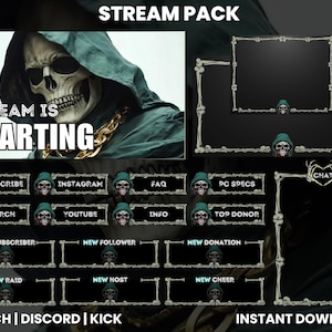 Hoodie Skeleton Twitch Stream Pack | Skull Stream Pack | Twitch Overlay | Animated Screens | Webcam Overlay | Twitch Alerts | Discord | Kick