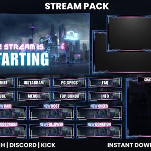 Pode incluir: Um pacote de stream digital com um cenário de cidade futurista. O pacote inclui telas de sobreposição com texto como "The Stream is Starting", "Subscribe", "Instagram" e "Chat". O design apresenta cores neon e uma estética escura e atmosférica.