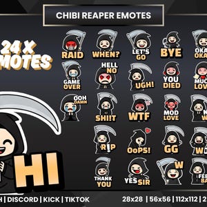 24 Chibi Reaper Emotes for Twitch, Discord, Kick, TikTok | Cute Grim Reaper Emotes | Streamer Pack Png | GG, RIP, LOL, Ugh