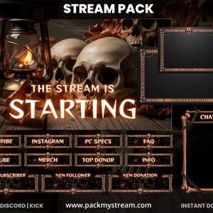May include: A digital stream pack with a spooky theme. The image features skulls, a lantern, and text that reads "THE STREAM IS STARTING." Includes buttons for various social media platforms and a chat frame.