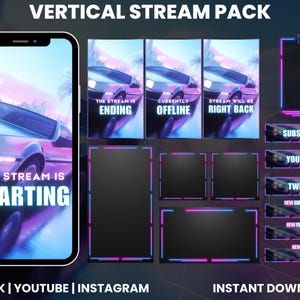 以下が含まれることがあります： レトロな車のデザインの垂直ストリームパック。パックには、「The Stream Is Starting」というテキストが表示された電話画面と、「Chat」、「Subscribe」、「Youtube」などのテキストが表示されたさまざまなオーバーレイ要素が含まれています。配色は青とピンクです。