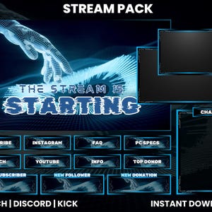 Puede incluir: Un paquete de transmisión de Twitch azul y negro con una mano digital que llega a una cuadrícula. El texto "THE STREAM IS STARTING" está en el centro de la imagen. El paquete incluye una superposición de cámara web, un cuadro de chat y varios botones para suscribirse, seguir y donar.