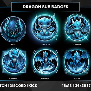 May include: Set of six dragon-themed sub badges in shades of blue and teal, with a black background. Each badge features a different dragon design, including an egg, a baby dragon, and various poses. Text includes "Dragon Sub Badges", "Base", "2 Month", "3 Month", "6 Month", "9 Month", and "1 Year".