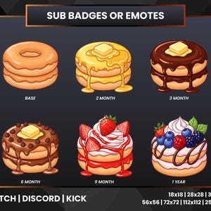 Può includere: Grafica con sei pile di pancake a cartoni animati con vari condimenti, tra cui burro, cioccolato, fragole e panna montata. Il testo include "SUB BADGES OR EMOTES", "TWITCH | DISCORD | KICK" e dimensioni in pixel.