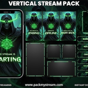 May include: A digital streaming pack with a dark fantasy theme. The pack includes a phone screen with a grim reaper graphic and the text "The Stream Is Starting." Additional screens display "Ending," "Offline," and "Right Back." Other elements include chat, subscribe, and social media buttons.
