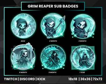 Magere Hein Sub-badges voor Twitch, Kick, Discord | Dark Stream-loyaliteitsbadges | Kanaalpictogrammen schedel en zeis