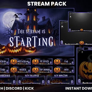 Op de afbeelding: Een digitaal Halloween-stream pack met een spookhuis, pompoenen en de tekst "The Stream Is Starting". Inclusief overlay-elementen voor Twitch, Discord en Kick, met knoppen voor abonnees, merchandise en meer. Direct downloaden.