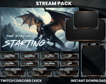 Pacchetto Streaming Drago Nero – Overlay Twitch Dark Fantasy per OBS, Streamlabs, YouTube e Kick / Scene di streaming animate