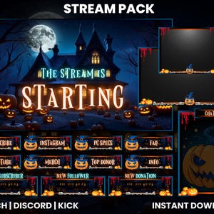 Może przedstawiać: Pakiet streamingu o tematyce Halloween z upiorną sceną nawiedzonego domu pod pełnią księżyca. Zawiera elementy nakładki z motywami dyni i kapelusza czarownicy oraz przyciski do mediów społecznościowych i interakcji ze streamem. Tekst zawiera "The Stream Is Starting".