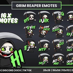 Może przedstawiać: Zestaw 16 emotikonów Grim Reaper dla Twitch, Discord, Kick i TikTok. Każdy emotikon przedstawia kreskówkową postać Grim Reaper z kosą, w różnych pozach i wyrazach twarzy, z tekstem takim jak "Bye", "Lurk" i "GG".