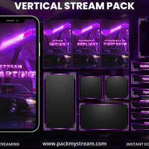 Può includere: Un pacchetto di streaming verticale a tema viola neon. Include uno schermo del telefono con la scritta "STREAM STARTING" e vari elementi di sovrapposizione con testo come "CHAT", "SUBSCRIBE" e "TWITCH". Lo sfondo presenta un'auto e luci al neon.