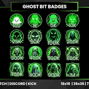 May include: A collection of green ghost-themed badges for Twitch, Discord, and Kick. Each badge features a unique ghost design with varying point values, ranging from 100 to 1M. The badges are available in 18x18, 36x36, and 72x72 sizes.