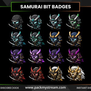 May include: A collection of sixteen digital samurai character icons arranged in a four-by-four grid. Each character wears armor and a helmet with varying color schemes including green, blue, purple, red, and gold, all holding a katana sword.