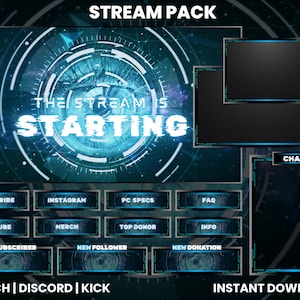 テクノロジーロック Twitch ストリームパック | Twitch オーバーレイ | ウェブカメラオーバーレイ | Twitch アラート | アニメーション画面 | ライトブルーとグレー | Discord