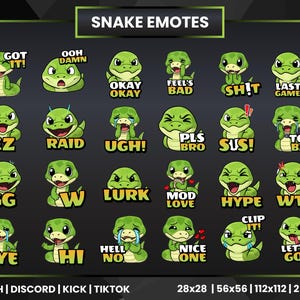 Puede incluir: Un conjunto de emotes de serpientes verdes con diversas expresiones y bocadillos de texto. Los emotes incluyen frases como "OKAY OKAY", "UGH!", "MOD LOVE" y "HELL NO". La imagen también incluye el texto "SNAKE EMOTES".