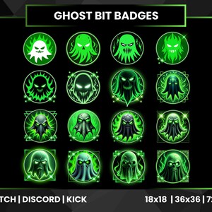 May include: A collection of 16 circular ghost-themed badges in shades of green and white, with various spooky designs. The text "GHOST BIT BADGES" is at the top. The bottom text reads "TWITCH | DISCORD | KICK" and "18x18 | 36x36 | 72x72".