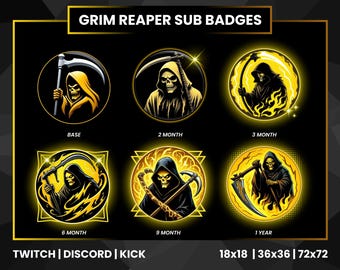 Magere Hein Sub-badges | Twitch-subbadges | Discord & Kick Streamer-loyaliteitsbadges | Overlay-pictogrammen Death zeis | Geel neon