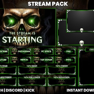 May include: Digital stream pack with a skull theme. The main graphic features a skull with glowing green eyes and the text "THE STREAM IS STARTING". Includes panels for chat, subscriber alerts, and social media links. The pack is designed for Twitch, Discord, and Kick.