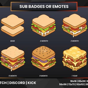 May include: A graphic featuring sandwich-themed sub badges or emotes for Twitch, Discord, and Kick. The image includes various sandwich designs representing different subscription durations, from a base level to a 1-year badge. The text "SUB BADGES OR EMOTES" is at the top.