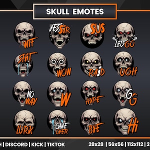 May include: A collection of skull emotes with various expressions and text overlays, including "YES SIR," "SUS," and "WOW." The emotes are designed for platforms like Twitch, Discord, Kick, and TikTok. The image displays different sizes, such as 28x28 and 56x56 pixels.