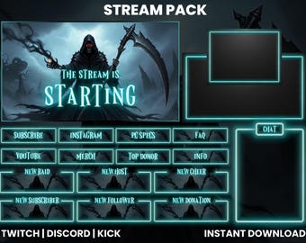 Grim Reaper Stream Pack – Horror Themed Overlays, Alerts, Panels, Animated And Static Screens for Twitch, Kick & Discord | Neon Overlay