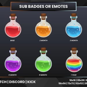 Könnte beinhalten: Grafik mit sechs Flaschen mit verschiedenen farbigen Flüssigkeiten und Korken. Die Flaschen sind mit "BASE", "2 MONTH", "3 MONTH", "6 MONTH", "9 MONTH" und "1 YEAR" beschriftet. Der Text "SUB BADGES OR EMOTES" und "TWITCH | DISCORD | KICK" ist ebenfalls enthalten.