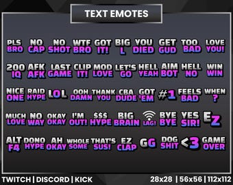 50 émoticônes textuelles | Émoticônes Twitch | Emotes néon rose violet bleu | Émoticônes Discord | Emotes coup de pied | Emote GG | Emote WTF | Emote hype | Émoticône OMG