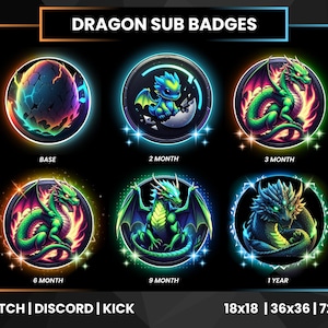 Dragon Sub-märken för Twitch, Kick, Discord | Lojalitetsmärken för Evolution | Fantasy Bit-emotes | 18x18 36x36 72x72