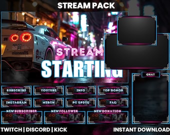 May include: A neon pink and blue Twitch stream overlay with a car in the background. The overlay includes a large black box for the video feed, a chat box, and several buttons for social media, information, and donations. The text "STREAM STARTING" is displayed in large, bold letters.