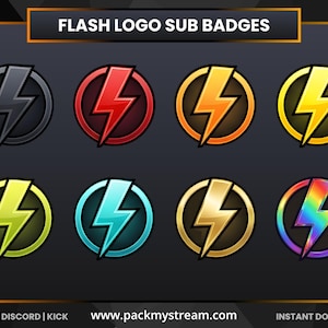 May include: A collection of eight Flash logo sub badges in a variety of colors, including black, red, orange, yellow, green, blue, gold, and rainbow. Each badge features a lightning bolt design within a circular frame. The text "FLASH LOGO SUB BADGES" is at the top.