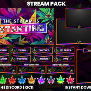 Puede incluir: Un paquete de transmisión digital colorido con un fondo de hojas. El texto "THE STREAM IS STARTING" está en un degradado rosa y morado. El paquete incluye una variedad de paneles para redes sociales, chat y otros elementos de transmisión. El texto "INSTANT DOWNLOAD" está en la parte inferior de la imagen.