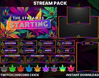 May include: A colorful digital stream pack with a leafy background. The text "THE STREAM IS STARTING" is in a pink and purple gradient. The pack includes a variety of panels for social media, chat, and other stream elements. The text "INSTANT DOWNLOAD" is at the bottom of the image.