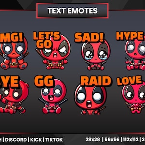 May include: Eight cartoon emotes featuring a red and black character with different expressions and text. The text includes "OMG!", "LET'S GO", "SAD!", "HYPE", "BYE", "GG", "RAID", and "LOVE".