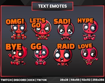 Twitch Emotes | Deadpool Emotes | Discord Emotes | Kick Emotes | TikTok Emotes | Text Emotes | Chibi Emotes | GG Emote | Bye Emote | Raid