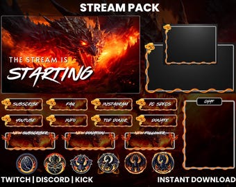 Pacchetto streaming Twitch Dragon / Sovrapposizioni schermo Twitch / Avvisi Twitch / Pannelli Twitch / Sovrapposizioni streaming / Schermata animata / Badge abbonati Twitch