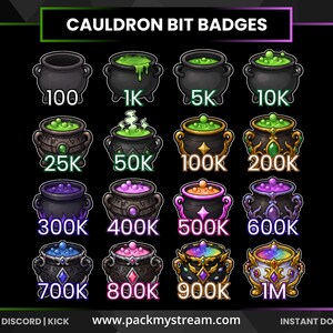 May include: A digital collection of sixteen cauldron bit badges arranged in a four-by-four grid. Each cauldron features unique colors, bubbling liquids, and ornate details, labeled with numerical values from 100 to 1M. The text reads CAULDRON BIT BADGES.
