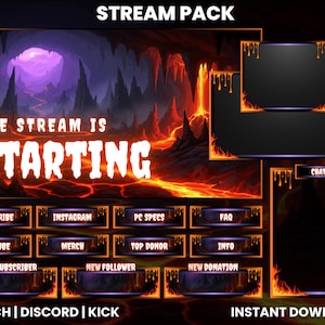 Könnte beinhalten: Ein digitales Stream-Paket mit einem feurigen Thema. Das Design zeigt einen Höhlenhintergrund mit Lava und dem Text "THE STREAM IS STARTING". Enthält Schaltflächen für verschiedene soziale Medien und Stream-Funktionen. Das Paket ist sofort zum Download verfügbar.