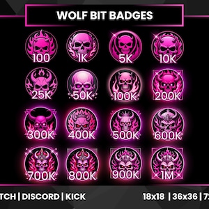 Op de afbeelding: Een verzameling roze schedelbadges met nummers van 100 tot 1M, tegen een zwarte achtergrond. De tekst "WOLF BIT BADGES" staat bovenaan. De afbeelding bevat ook de tekst "TWITCH | DISCORD | KICK" en afmetingen.