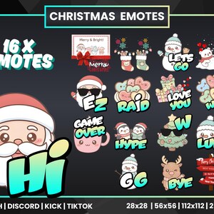 May include: A collection of 16 Christmas-themed emotes for Twitch, Discord, Kick, and TikTok. The emotes include Santa Claus, snowmen, penguins, and festive text like "Hi", "Love You", and "Bye". The image is set against a dark background.