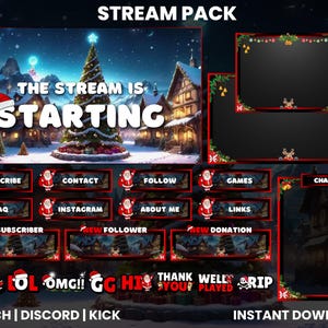 Könnte beinhalten: Ein Twitch-Stream-Paket zum Thema Weihnachten mit einer Winterdorfszene, Weihnachtsmann-Charakteren und verschiedenen Overlays für Chat, Spiele und andere Stream-Elemente. Der Text "THE STREAM IS STARTING" wird auf dem oberen Banner angezeigt.