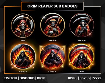 Grim Reaper Twitch Sub Badges for Kick, Discord | Animated Death Scythe Emotes | Stream Loyalty Badges 18x18 36x36 72x72