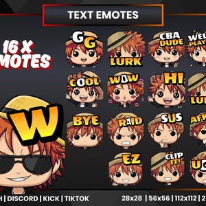 16 Chibi Anime Boy Emotes Bundle for Twitch Discord Kick | 16x Text Emotes PNG | YouTube & TikTok Ready