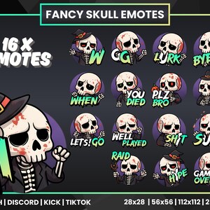 May include: A collection of 16 skull emotes with various expressions and text bubbles. The emotes feature a skull character in a black suit and a witch hat. Text includes "HI", "W", "GG", "LURK", "BYE", "WHEN", "YOU DIED BRO", "PLZ", "GOT IT", "LETS!GO", "WELL PLAYED", "RAID", "SHIT SUS", "HYPE", and "GAME OVER".