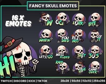 Fancy Skull Emotes Pack for Twitch, Discord, Kick & TikTok | Stream Overlay Emotes | 16x Cute Halloween Skeleton Emojis | Streamer Graphics