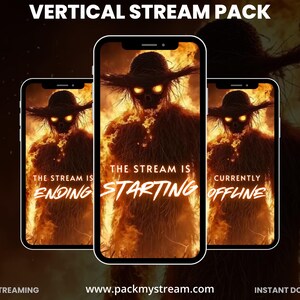 Pacchetto di streaming verticale con spaventapasseri infuocati, overlay horror per Twitch, kit di streaming per TikTok, overlay di Halloween con fuoco, layout di streaming per OBS Mobile