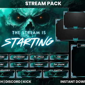 May include: A teal and black Twitch stream pack featuring a skull graphic. The text "STREAM PACK" is at the top of the image. The text "THE STREAM IS STARTING" is in the centre of the image. The text "TWITCH | DISCORD | KICK" is at the bottom of the image. The text "INSTANT DOWNLOAD" is at the bottom right of the image. The pack includes a variety of overlays, panels, and alerts.